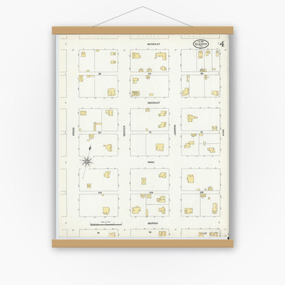Old map wall art mockup — magnetic wood frame on white wall — Sanborn Fire Insurance Map from Quanah, Hardeman County, Texas (1904), Sheet #0004