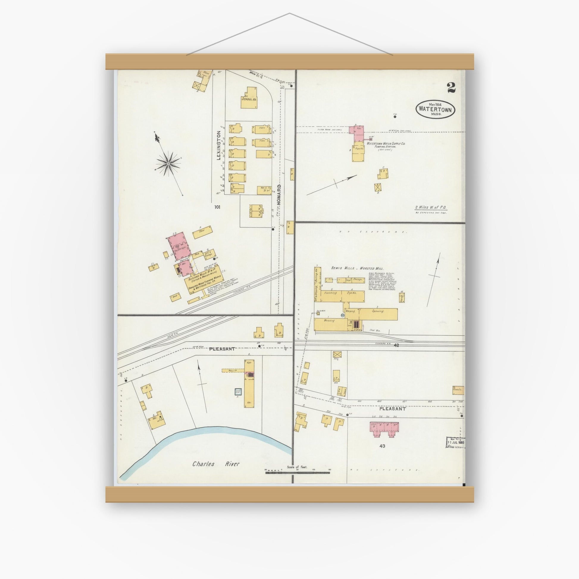 Old map wall art mockup — magnetic wood frame on white wall — Sanborn Fire Insurance Map from Watertown, Middlesex County, Massachusetts (1904), Sheet #0002