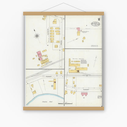Old map wall art mockup — magnetic wood frame on white wall — Sanborn Fire Insurance Map from Watertown, Middlesex County, Massachusetts (1904), Sheet #0002