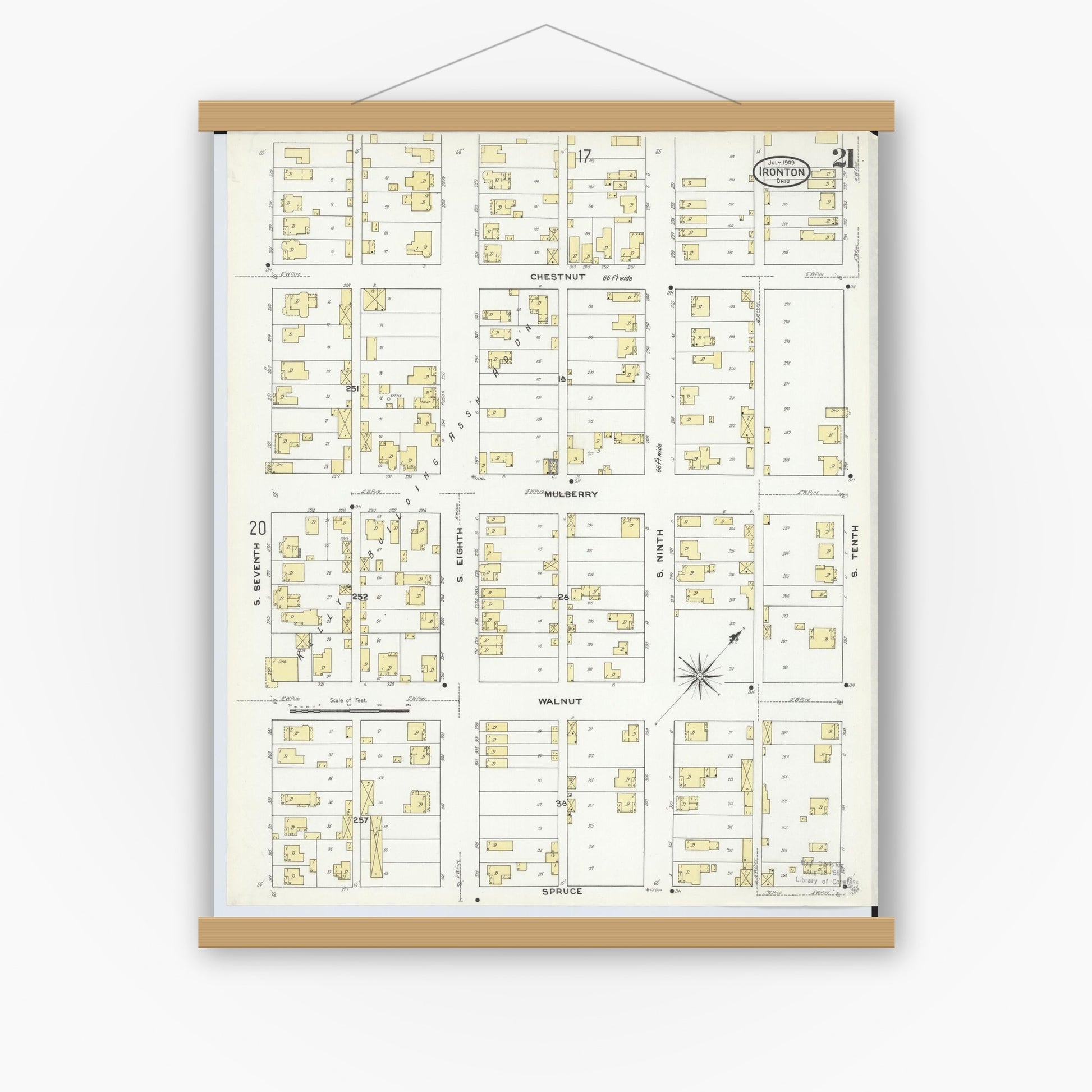 Old map wall art mockup — magnetic wood frame on white wall — Sanborn Fire Insurance Map from Ironton, Lawrence County, Ohio (1909), Sheet #0021