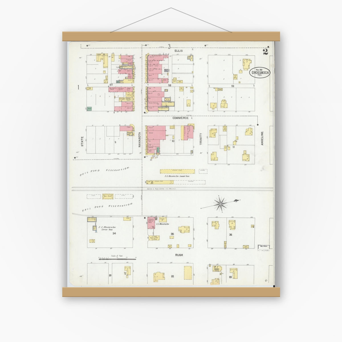Old map wall art mockup — magnetic wood frame on white wall — Sanborn Fire Insurance Map from Groesbeck, Limestone County, Texas (1901), Sheet #0002