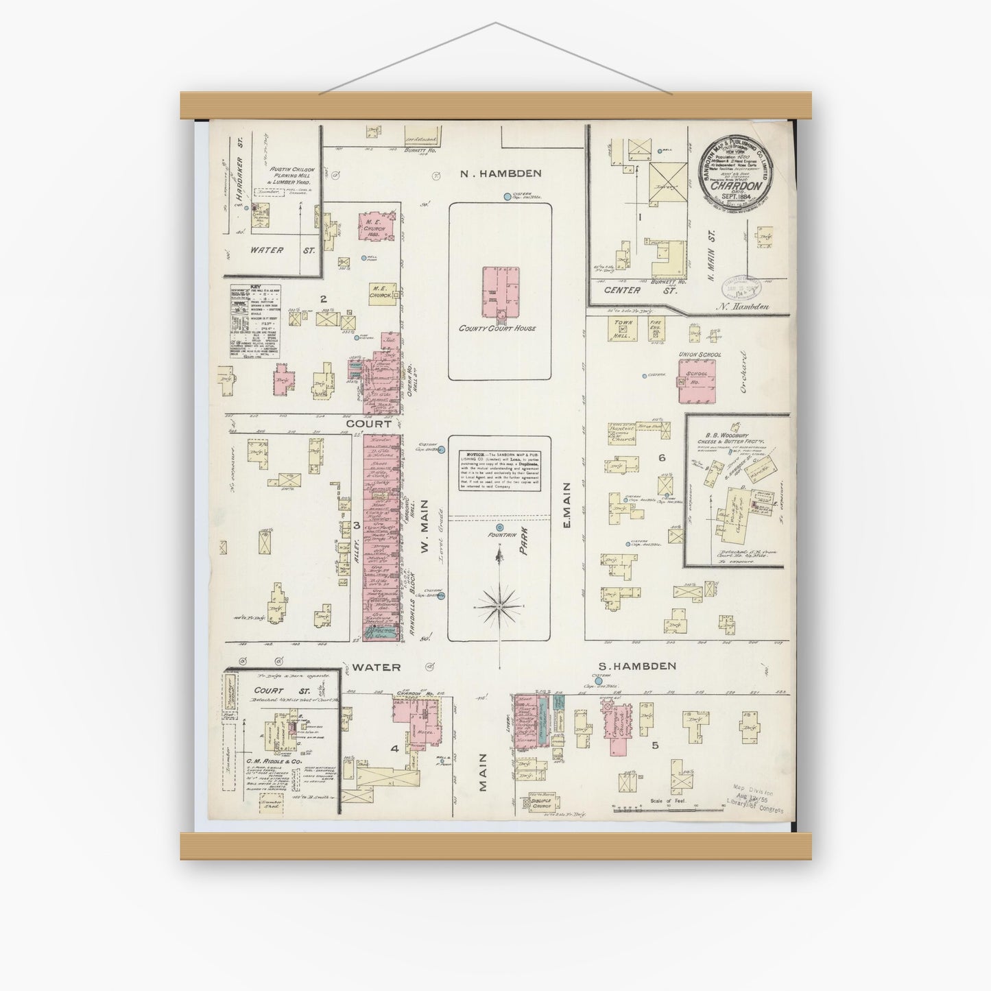 Old map wall art mockup — magnetic wood frame on white wall — Sanborn Fire Insurance Map from Chardon, Geauga County, Ohio (1884), Sheet #0001