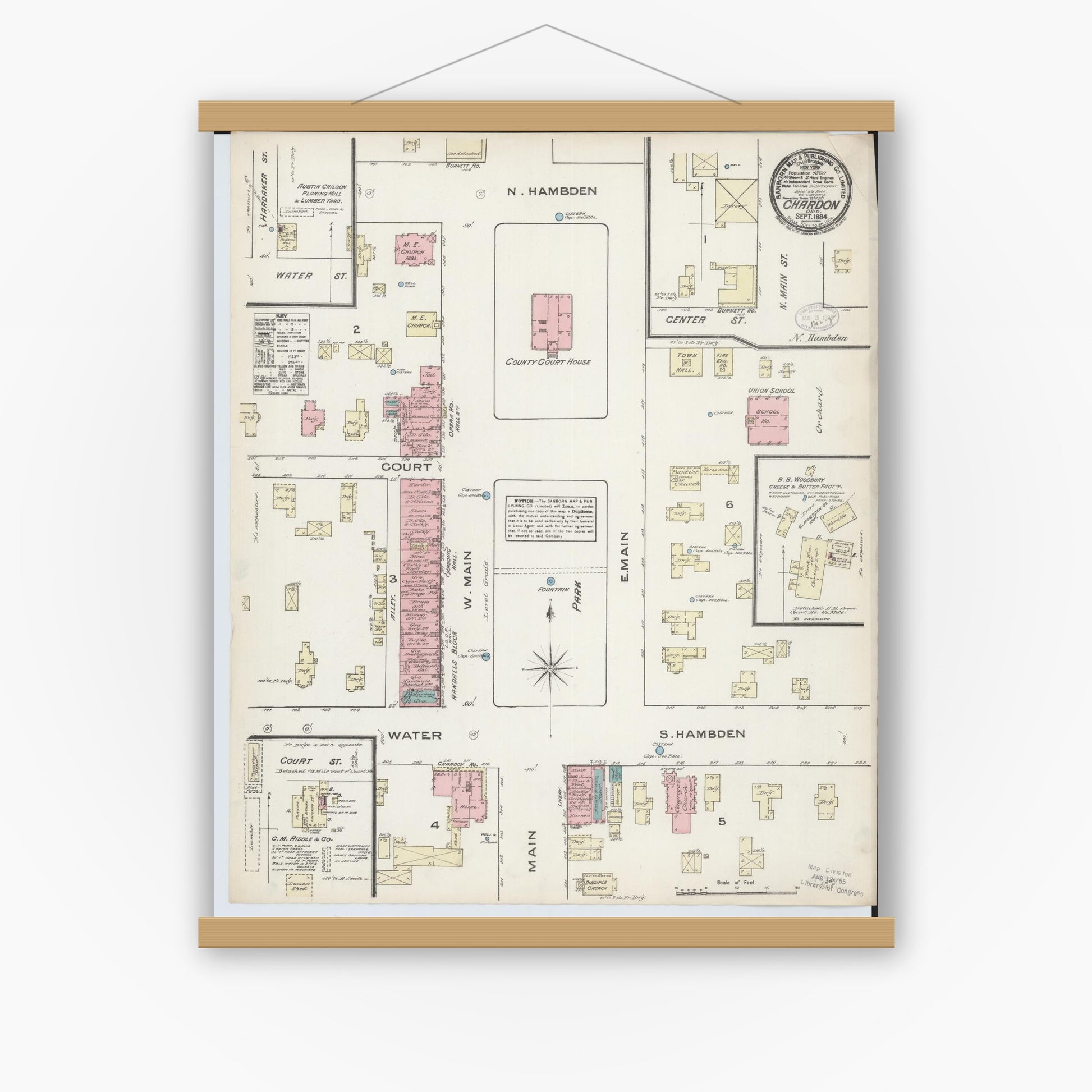 Old map wall art mockup — magnetic wood frame on white wall — Sanborn Fire Insurance Map from Chardon, Geauga County, Ohio (1884), Sheet #0001