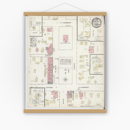 Old map wall art mockup — magnetic wood frame on white wall — Sanborn Fire Insurance Map from Chardon, Geauga County, Ohio (1884), Sheet #0001