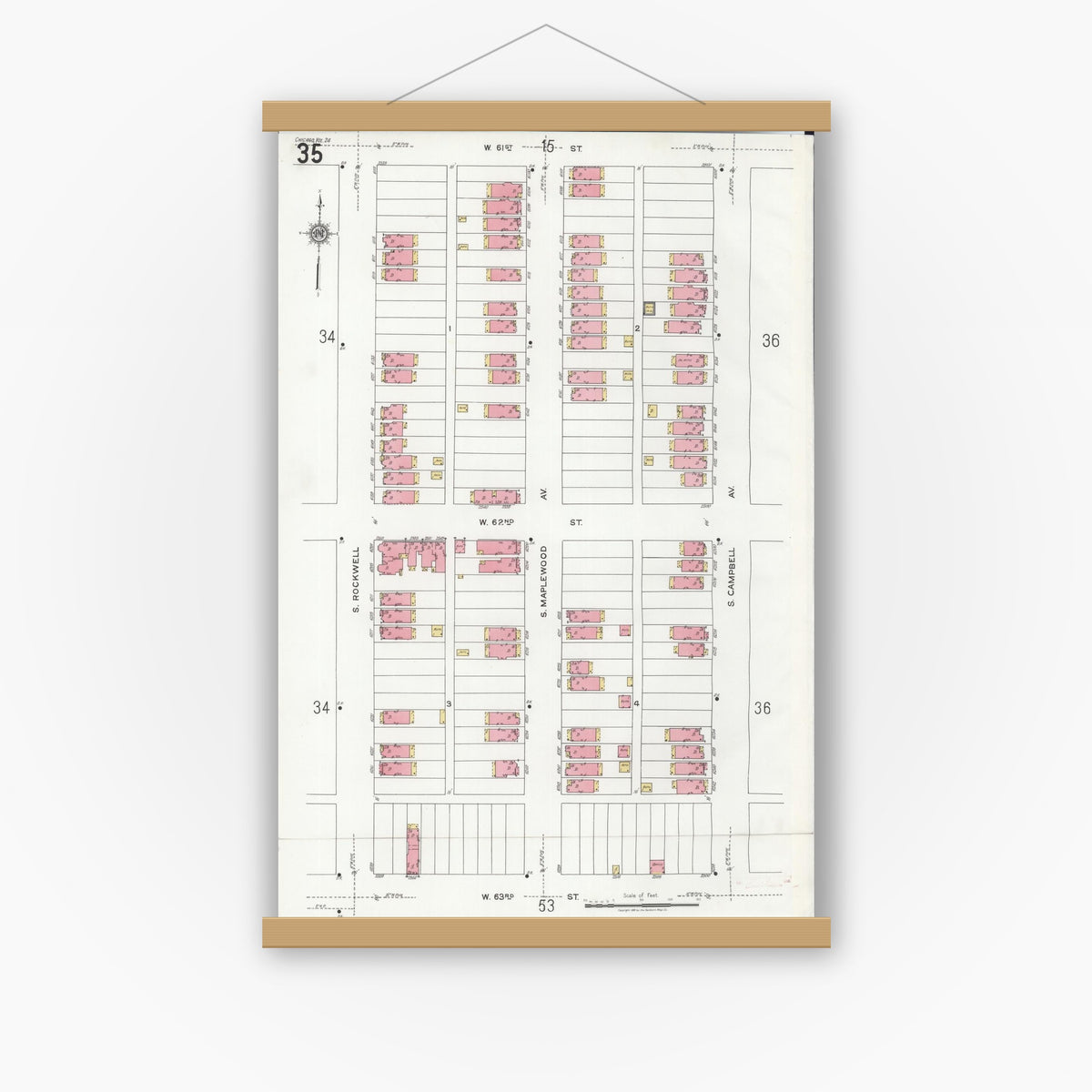 Old map wall art mockup — magnetic wood frame on white wall — Sanborn Fire Insurance Map from Chicago, Cook County, Illinois (1920), Sheet #0035