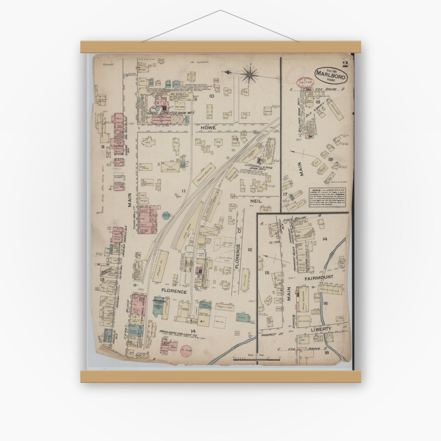 Old map wall art mockup — magnetic wood frame on white wall — Sanborn Fire Insurance Map from Marlborough, Middlesex  County, Massachusetts (1881), Sheet #0002