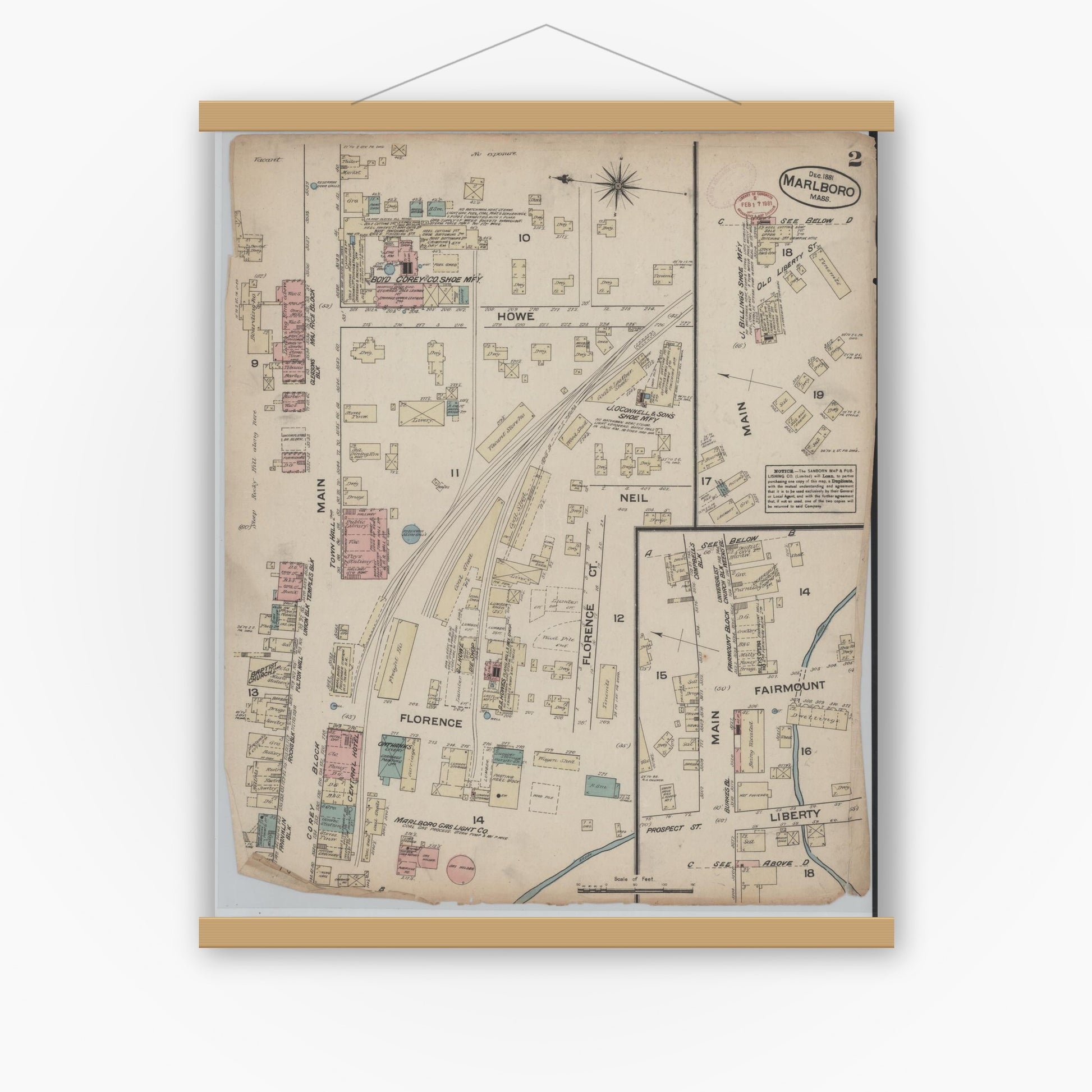 Old map wall art mockup — magnetic wood frame on white wall — Sanborn Fire Insurance Map from Marlborough, Middlesex  County, Massachusetts (1881), Sheet #0002