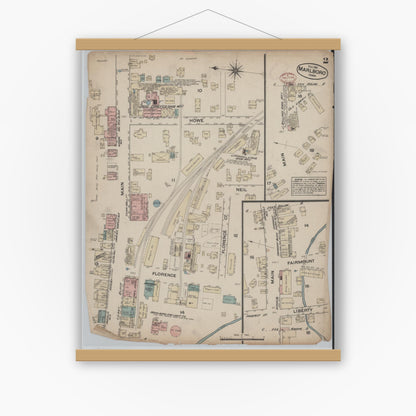 Old map wall art mockup — magnetic wood frame on white wall — Sanborn Fire Insurance Map from Marlborough, Middlesex  County, Massachusetts (1881), Sheet #0002
