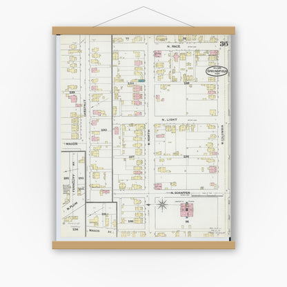 Old map wall art mockup — magnetic wood frame on white wall — Sanborn Fire Insurance Map from Springfield, Clark County, Ohio (1891), Sheet #0036
