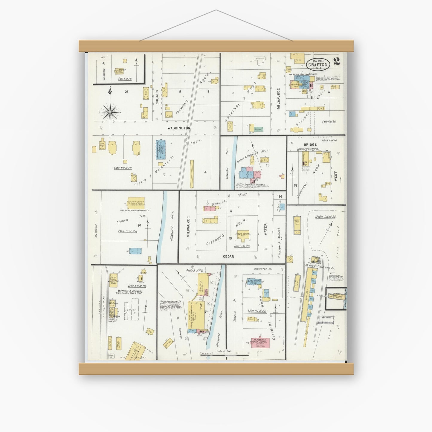 Old map wall art mockup — magnetic wood frame on white wall — Sanborn Fire Insurance Map from Grafton, Ozankee County, Wisconsin (1904), Sheet #0002