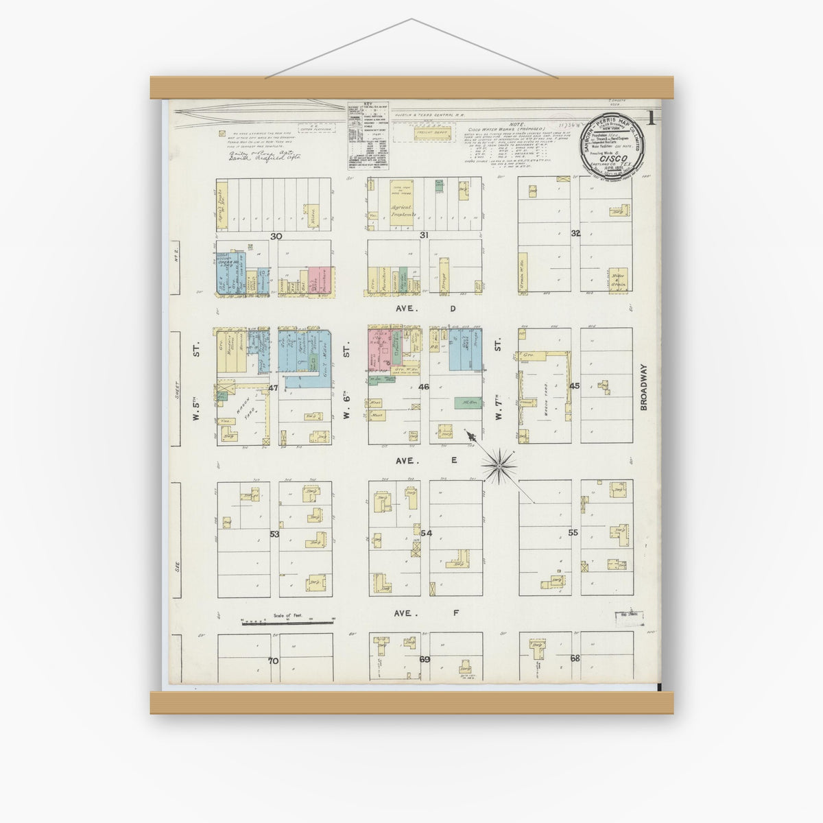 Old map wall art mockup — magnetic wood frame on white wall — Sanborn Fire Insurance Map from Cisco, Eastland County, Texas (1891) - Complete Map Set