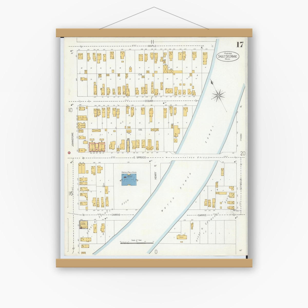 Old map wall art mockup — magnetic wood frame on white wall — Sanborn Fire Insurance Map from Sault Sainte Marie, Chippewa County, Michigan (1906), Sheet #0017
