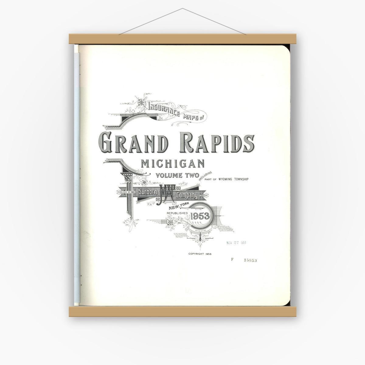 Old map wall art mockup — magnetic wood frame on white wall — Sanborn Fire Insurance Map from Grand Rapids, Kent County, Michigan (1953), Sheet #0001