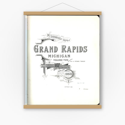 Old map wall art mockup — magnetic wood frame on white wall — Sanborn Fire Insurance Map from Grand Rapids, Kent County, Michigan (1953), Sheet #0001