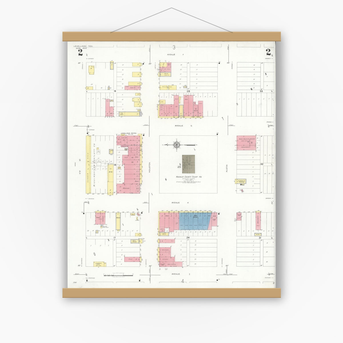 Old map wall art mockup — magnetic wood frame on white wall — Sanborn Fire Insurance Map from Levelland, Hockley County, Texas (1933), Sheet #0002
