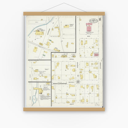 Old map wall art mockup — magnetic wood frame on white wall — Sanborn Fire Insurance Map from Bloomfield, Greene County, Indiana (1898), Sheet #0002