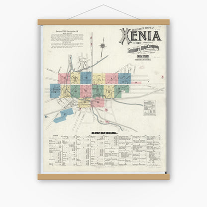 Old map wall art mockup — magnetic wood frame on white wall — Sanborn Fire Insurance Map from Xenia, Greene County, Ohio (1910) - Complete Map Set