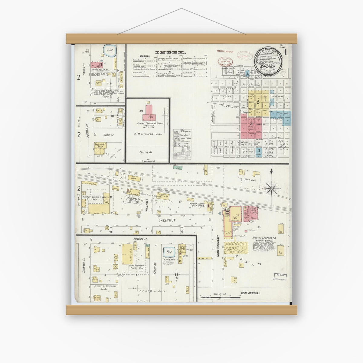 Old map wall art mockup — magnetic wood frame on white wall — Sanborn Fire Insurance Map from Kahoka, Clark County, Missouri (1898) - Complete Map Set