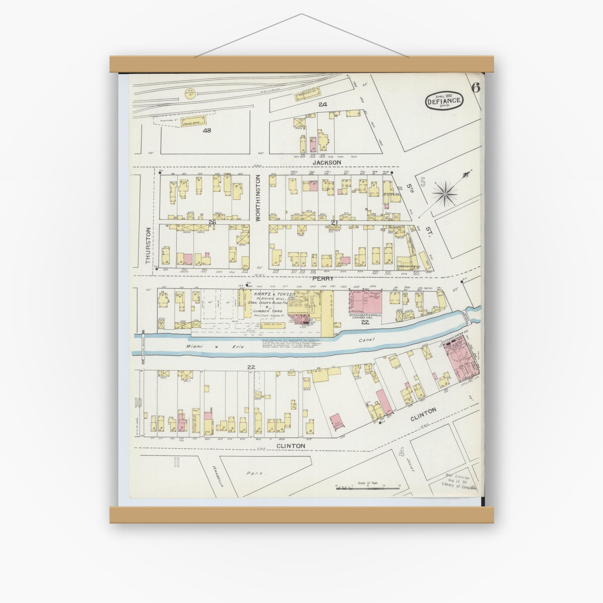 Old map wall art mockup — magnetic wood frame on white wall — Sanborn Fire Insurance Map from Defiance, Defiance County, Ohio (1893), Sheet #0006