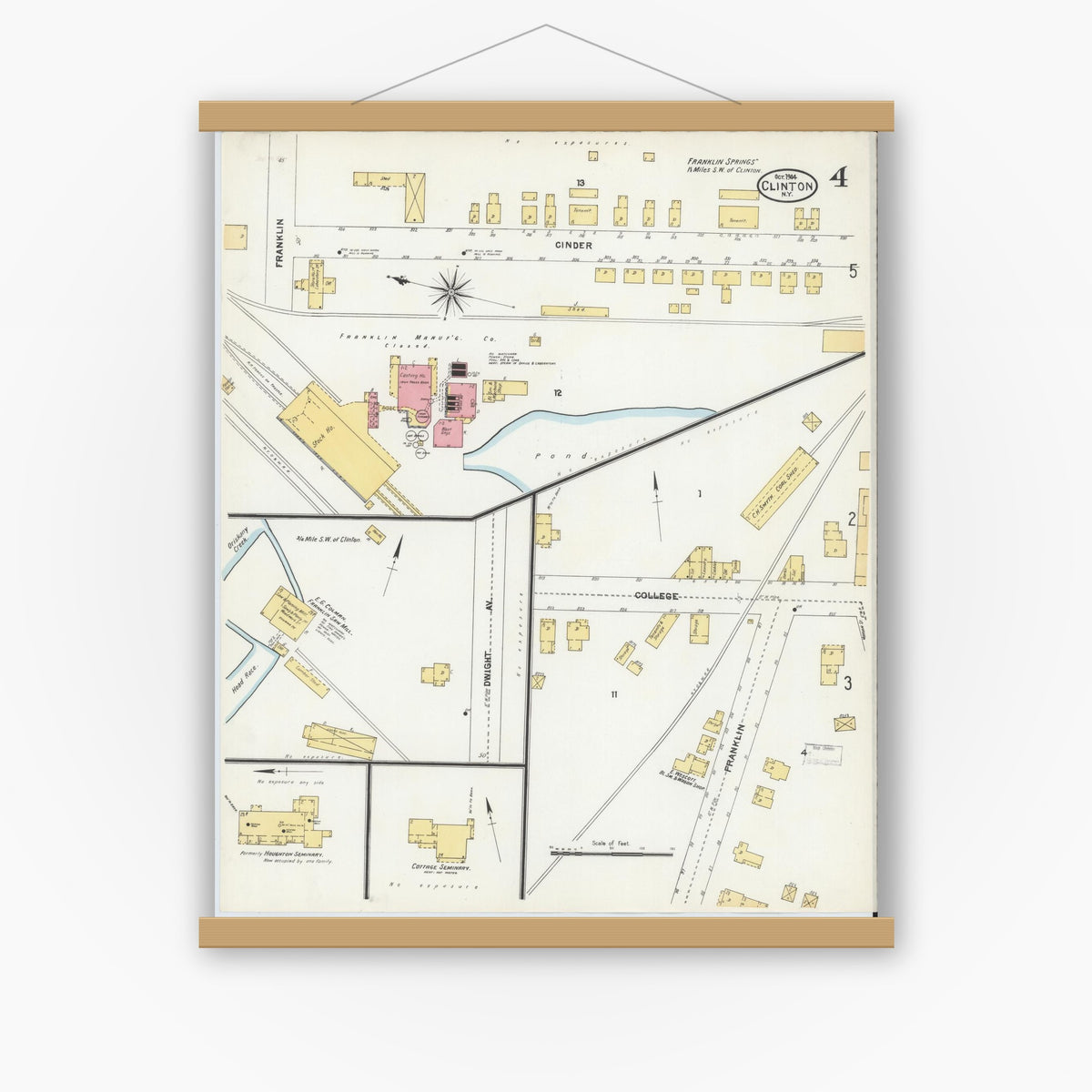 Old map wall art mockup — magnetic wood frame on white wall — Sanborn Fire Insurance Map from Clinton, Oneida County, New York (1904), Sheet #0004