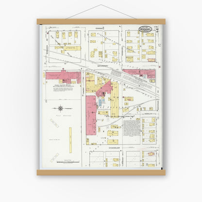 Old map wall art mockup — magnetic wood frame on white wall — Sanborn Fire Insurance Map from Menominee, Menominee County, Michigan (1921), Sheet #0007
