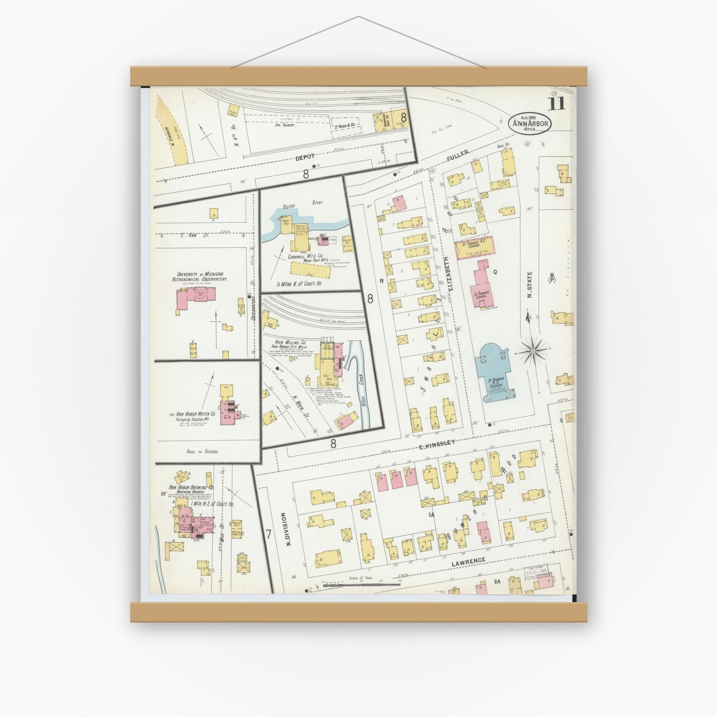 Old map wall art mockup — magnetic wood frame on white wall — Sanborn Fire Insurance Map from Ann Arbor, Washtenaw County, Michigan (1899), Sheet #0011
