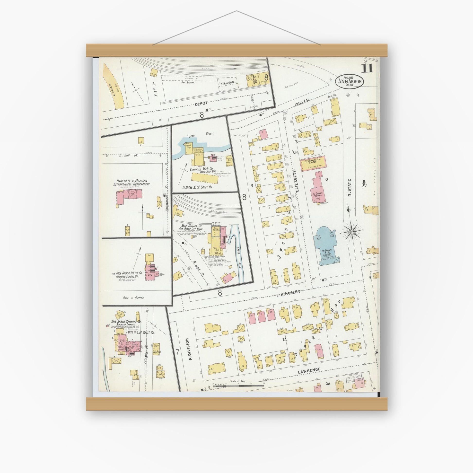 Old map wall art mockup — magnetic wood frame on white wall — Sanborn Fire Insurance Map from Ann Arbor, Washtenaw County, Michigan (1899), Sheet #0011