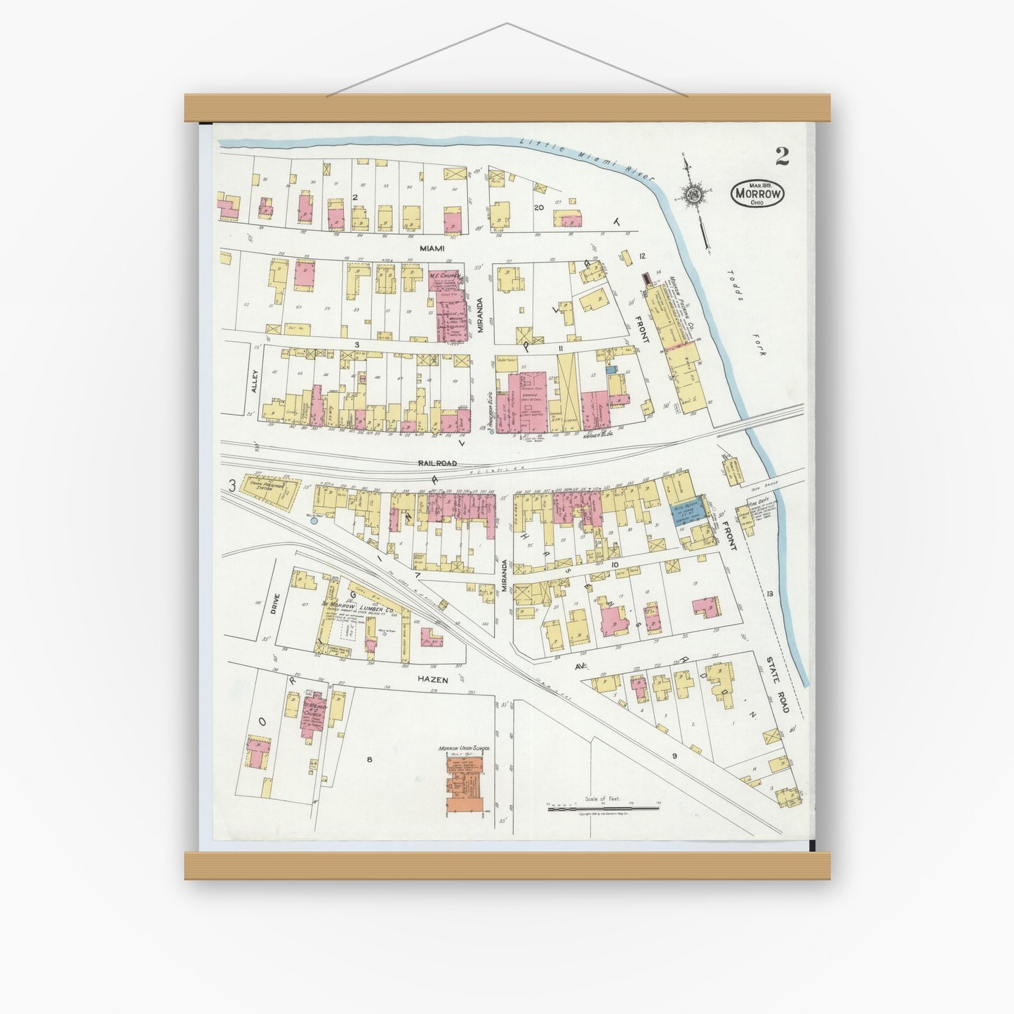Old map wall art mockup — magnetic wood frame on white wall — Sanborn Fire Insurance Map from Morrow, Warren County, Ohio (1919), Sheet #0002