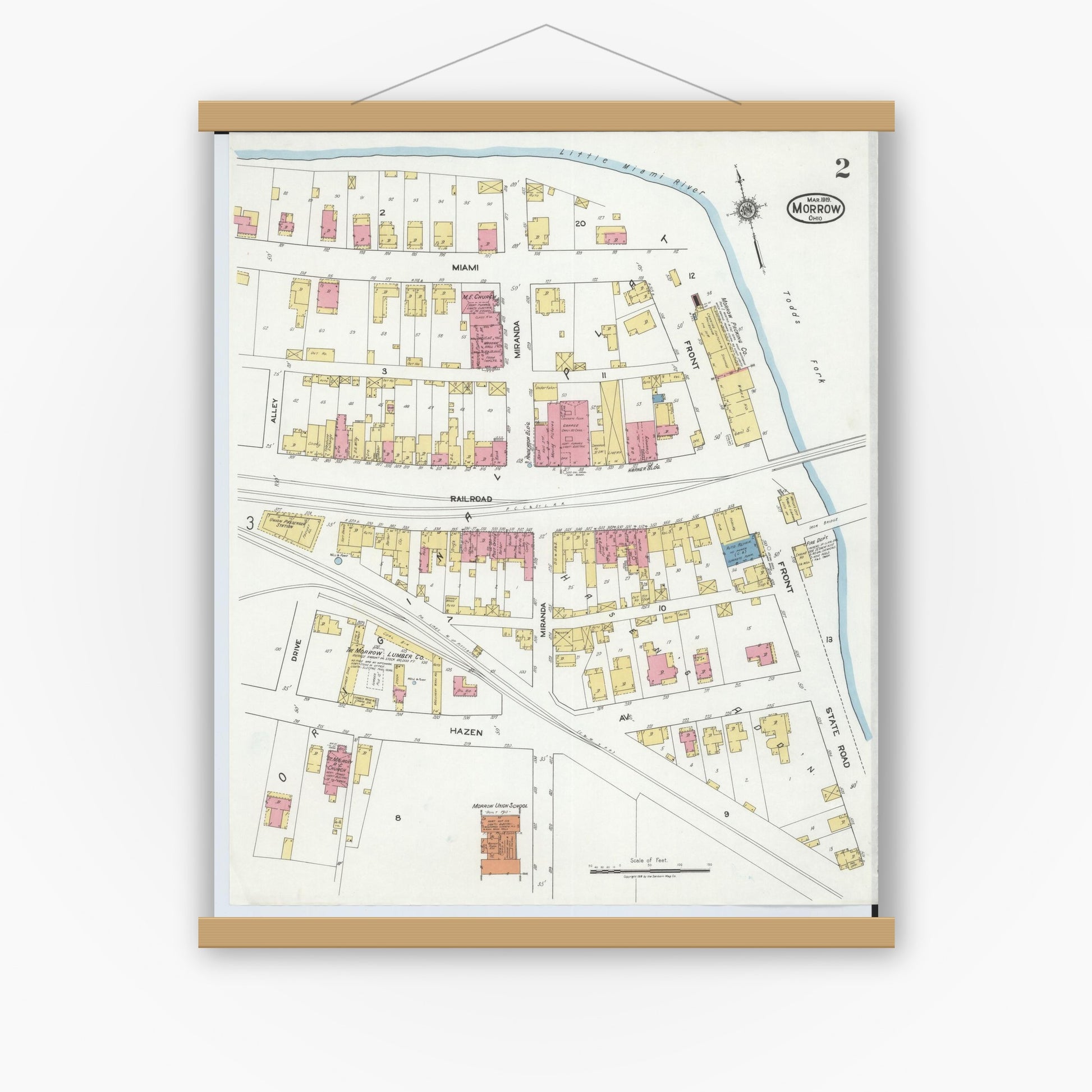 Old map wall art mockup — magnetic wood frame on white wall — Sanborn Fire Insurance Map from Morrow, Warren County, Ohio (1919), Sheet #0002