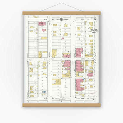 Old map wall art mockup — magnetic wood frame on white wall — Sanborn Fire Insurance Map from Gas City, Grant County, Indiana (1920), Sheet #0005