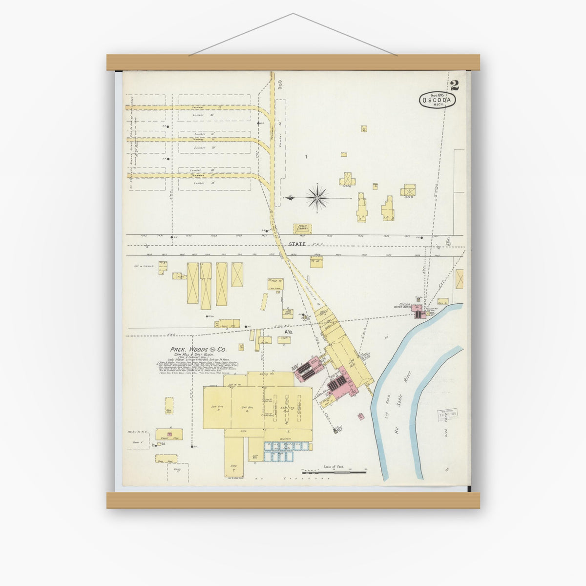 Old map wall art mockup — magnetic wood frame on white wall — Sanborn Fire Insurance Map from Oscoda, Iosco County, Michigan (1895), Sheet #0002