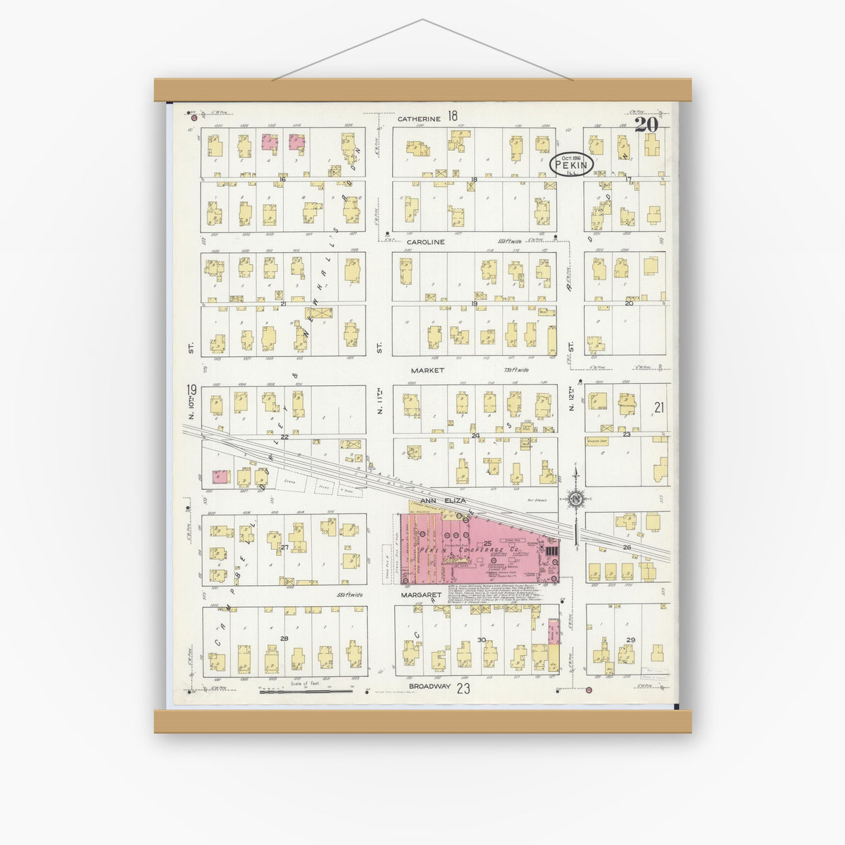 Old map wall art mockup — magnetic wood frame on white wall — Sanborn Fire Insurance Map from Pekin, Tazewell County, Illinois (1916), Sheet #0020