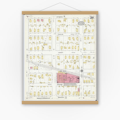 Old map wall art mockup — magnetic wood frame on white wall — Sanborn Fire Insurance Map from Pekin, Tazewell County, Illinois (1916), Sheet #0020