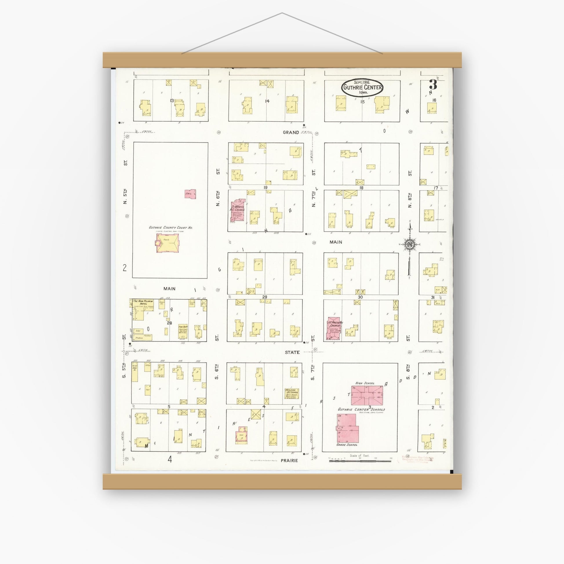Old map wall art mockup — magnetic wood frame on white wall — Sanborn Fire Insurance Map from Guthrie Center, Guthrie County, Iowa (1916), Sheet #0003