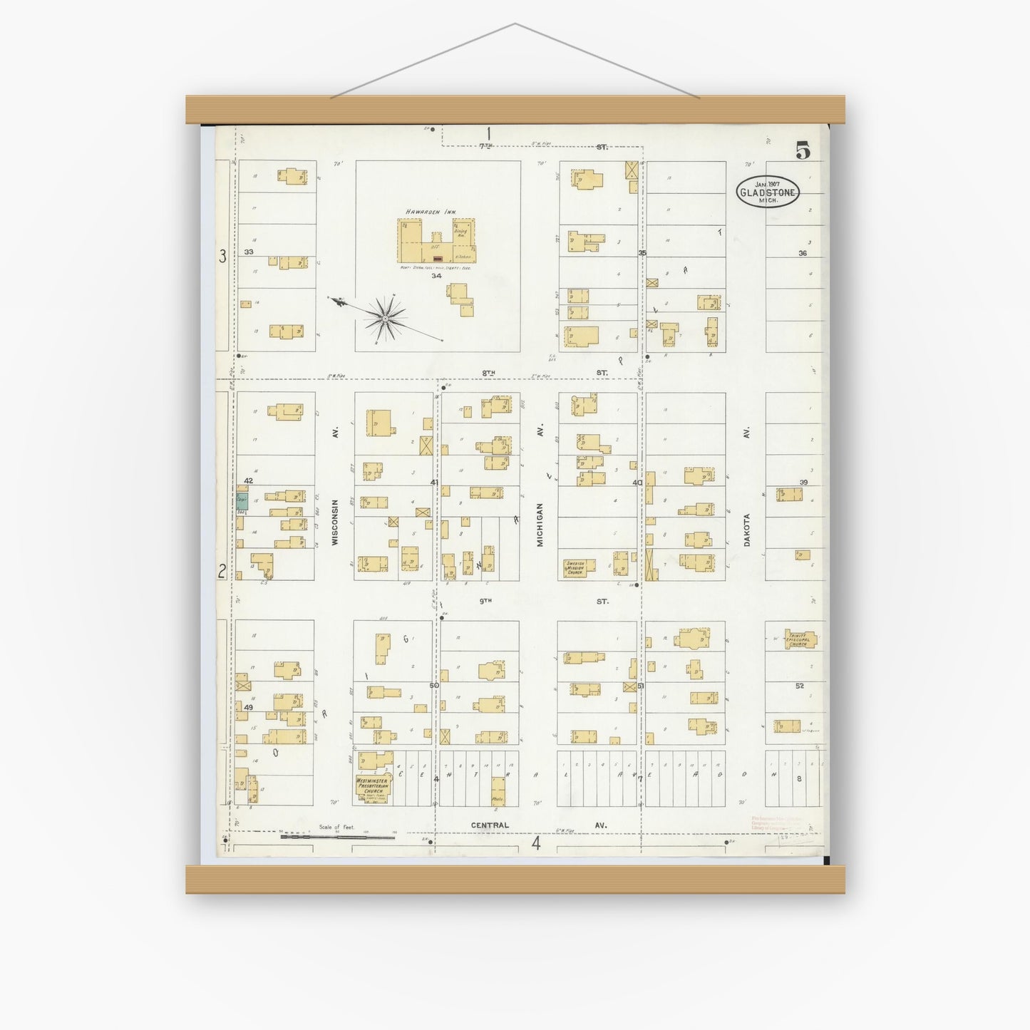 Old map wall art mockup — magnetic wood frame on white wall — Sanborn Fire Insurance Map from Gladstone, Delta County, Michigan (1907), Sheet #0005
