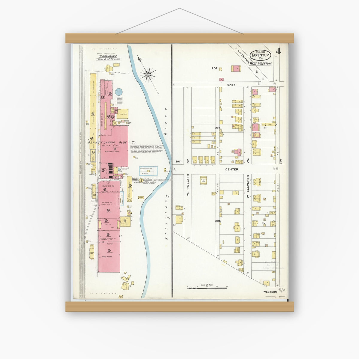 Old map wall art mockup — magnetic wood frame on white wall — Sanborn Fire Insurance Map from Tarentum, Allegheny County, Pennsylvania (1909), Sheet #0004