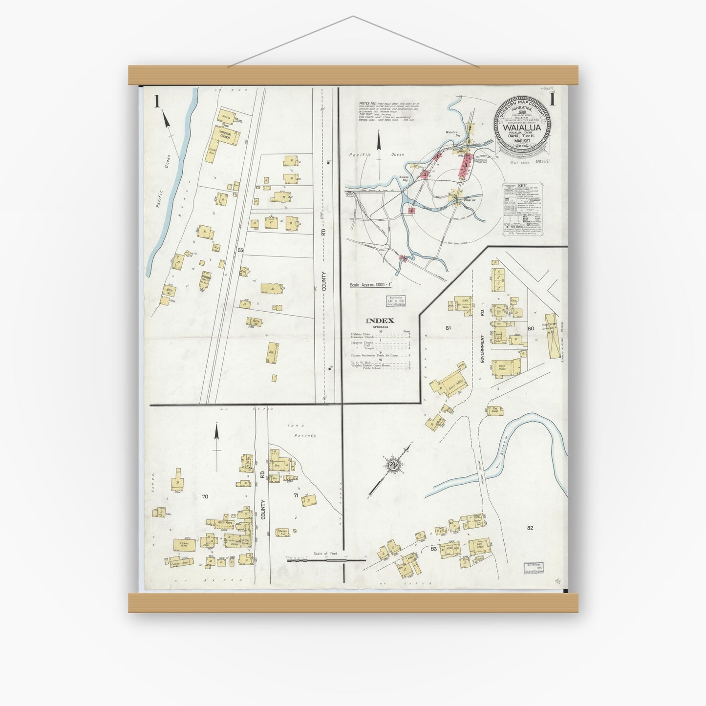 Old map wall art mockup — magnetic wood frame on white wall — Sanborn Fire Insurance Map from Waialua, Honolulu County, Hawaii (1927) - Complete Map Set