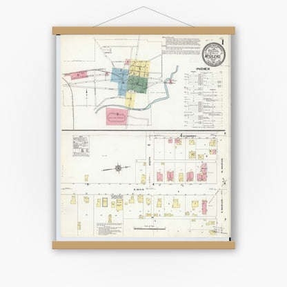 Old map wall art mockup — magnetic wood frame on white wall — Sanborn Fire Insurance Map from Mount Gilead, Morrow County, Ohio (1910), Sheet #0001