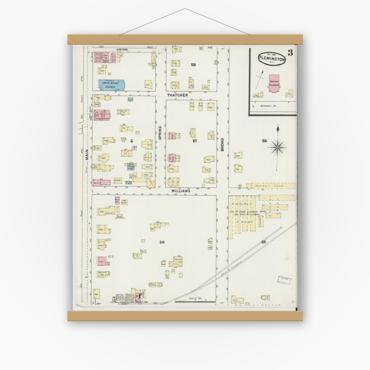 Old map wall art mockup — magnetic wood frame on white wall — Sanborn Fire Insurance Map from Flemington, Hunterdon County, New Jersey (1890), Sheet #0003