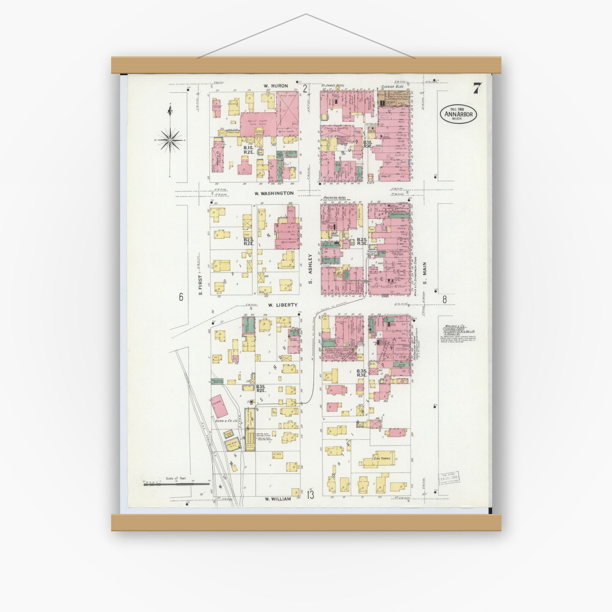 Old map wall art mockup — magnetic wood frame on white wall — Sanborn Fire Insurance Map from Ann Arbor, Washtenaw County, Michigan (1908), Sheet #0007