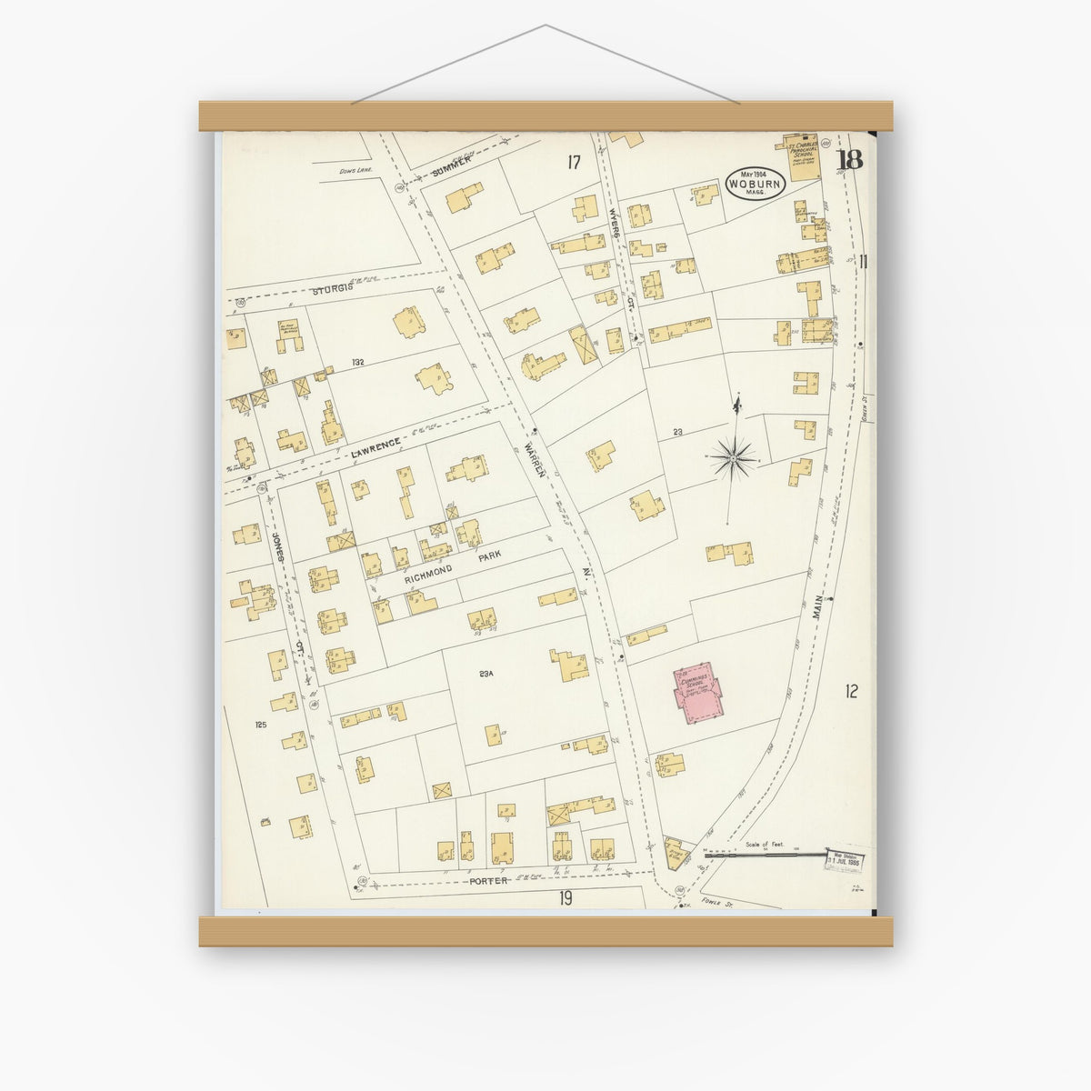 Old map wall art mockup — magnetic wood frame on white wall — Sanborn Fire Insurance Map from Woburn, Middlesex County, Massachusetts (1904), Sheet #0018