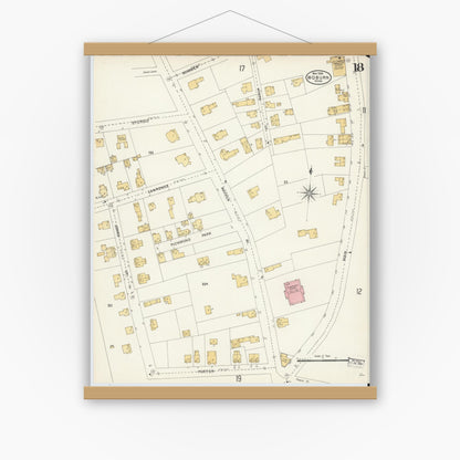 Old map wall art mockup — magnetic wood frame on white wall — Sanborn Fire Insurance Map from Woburn, Middlesex County, Massachusetts (1904), Sheet #0018