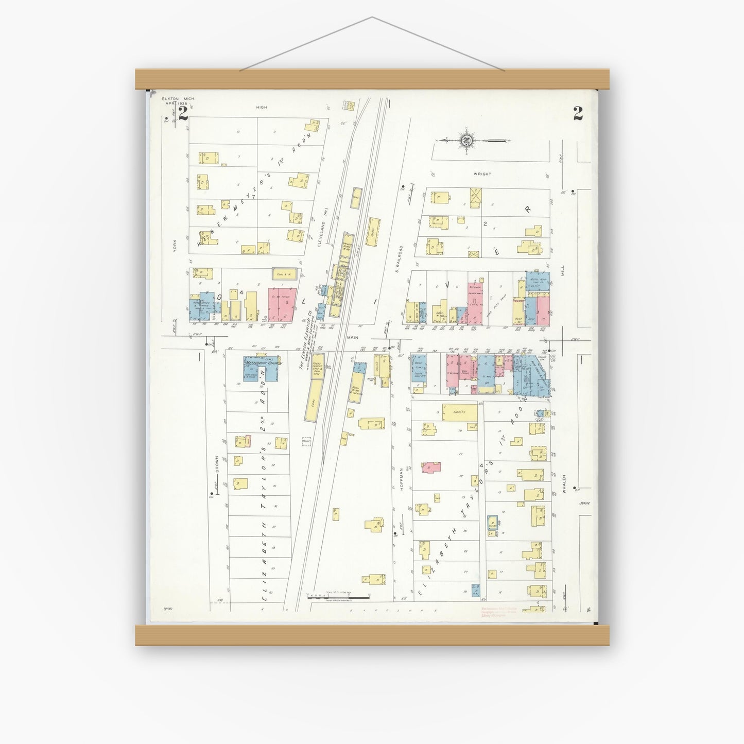 Old map wall art mockup — magnetic wood frame on white wall — Sanborn Fire Insurance Map from Elkton, Huron County, Michigan (1939), Sheet #0002