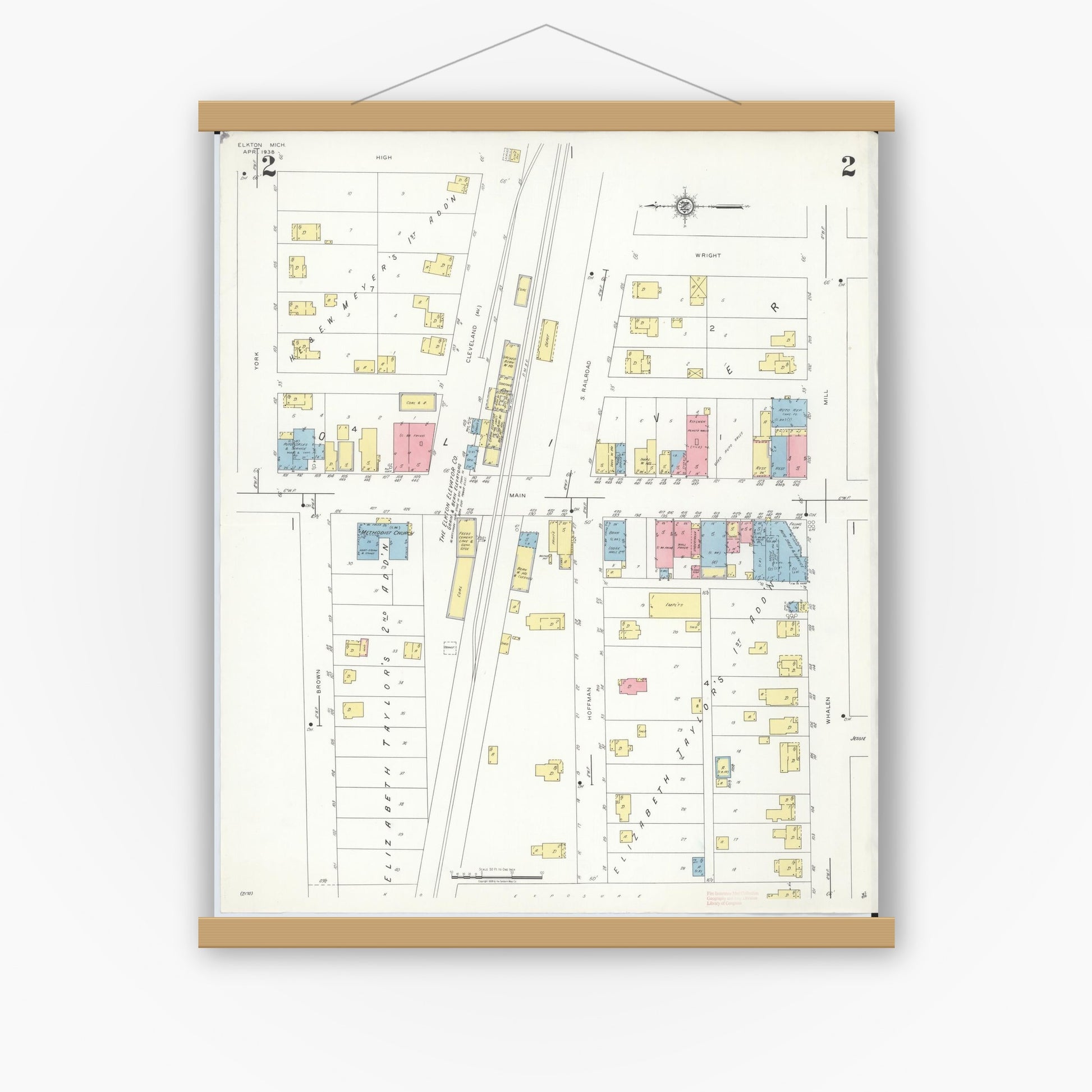 Old map wall art mockup — magnetic wood frame on white wall — Sanborn Fire Insurance Map from Elkton, Huron County, Michigan (1939), Sheet #0002