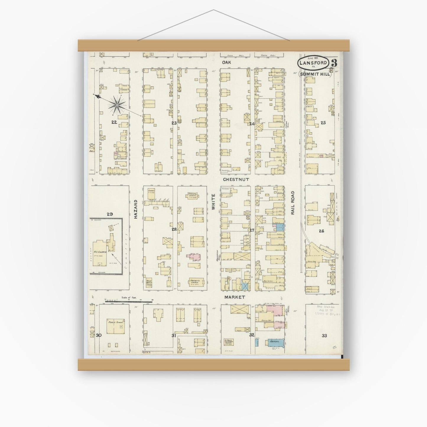 Old map wall art mockup — magnetic wood frame on white wall — Sanborn Fire Insurance Map from Lansford, Carbon County, Pennsylvania (1891), Sheet #0003