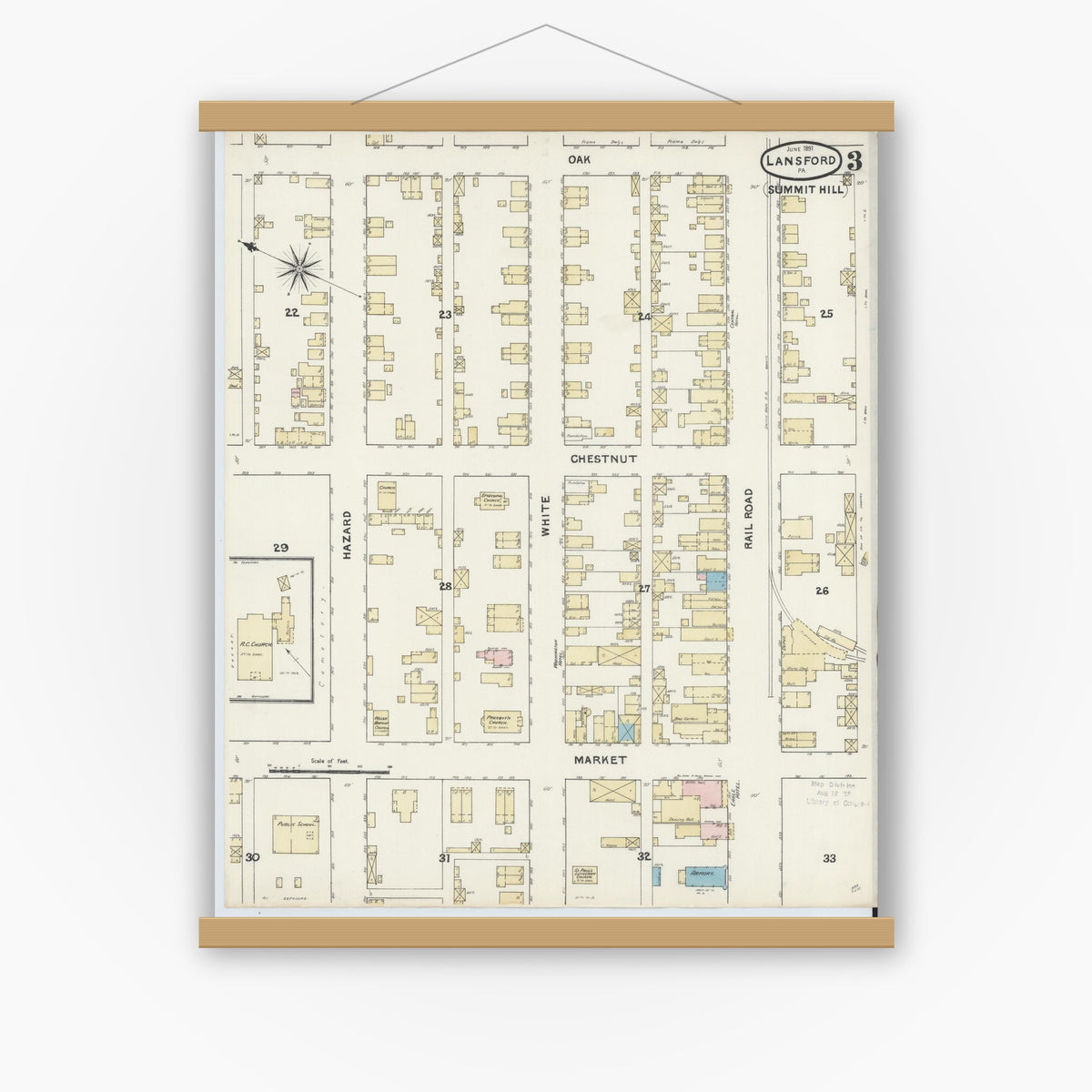 Old map wall art mockup — magnetic wood frame on white wall — Sanborn Fire Insurance Map from Lansford, Carbon County, Pennsylvania (1891), Sheet #0003