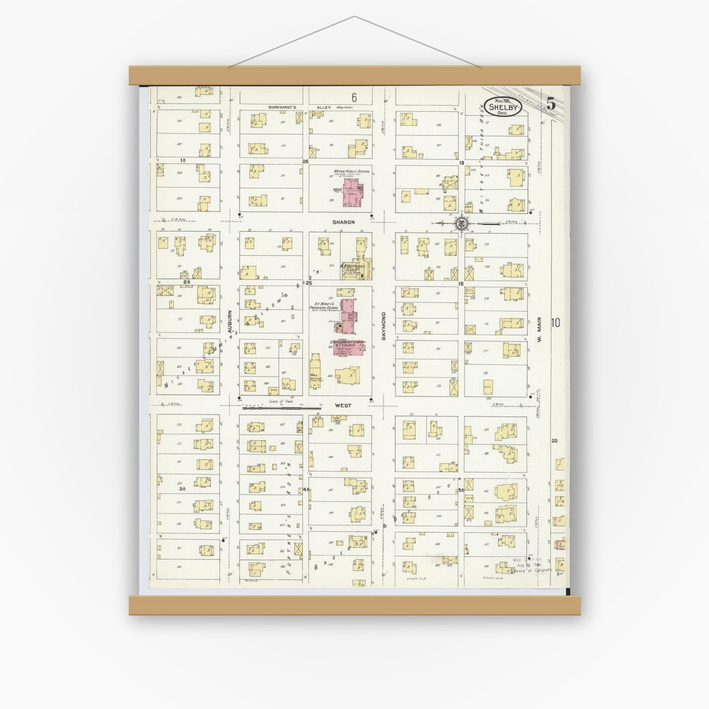 Old map wall art mockup — magnetic wood frame on white wall — Sanborn Fire Insurance Map from Shelby, Richland County, Ohio (1911), Sheet #0005