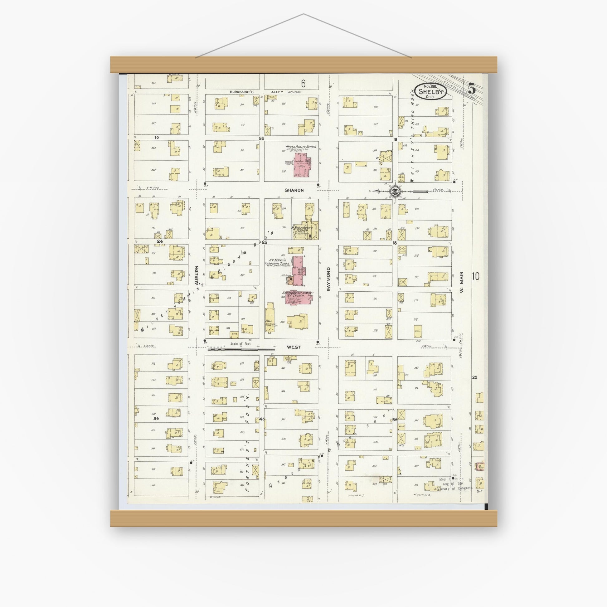Old map wall art mockup — magnetic wood frame on white wall — Sanborn Fire Insurance Map from Shelby, Richland County, Ohio (1911), Sheet #0005