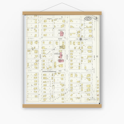 Old map wall art mockup — magnetic wood frame on white wall — Sanborn Fire Insurance Map from Shelby, Richland County, Ohio (1911), Sheet #0005