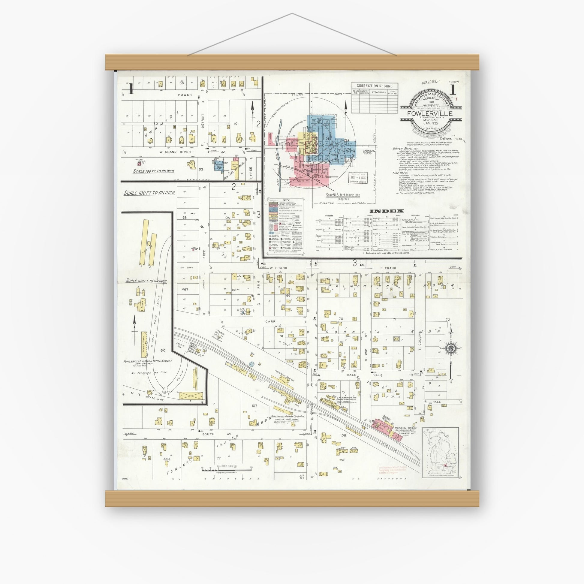 Old map wall art mockup — magnetic wood frame on white wall — Sanborn Fire Insurance Map from Fowlerville, Livingston County, Michigan (1935), Sheet #0001